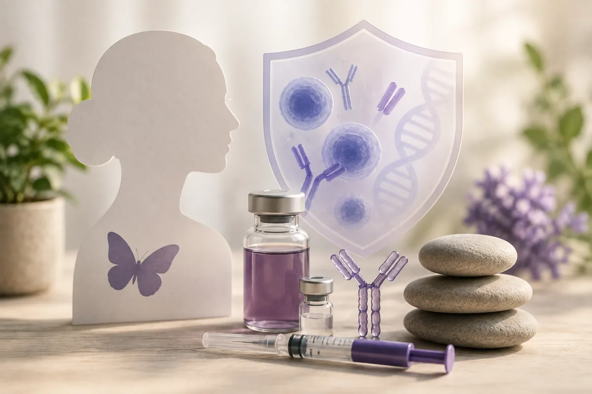 A medical illustration showing biologic therapy concepts for lupus care, including antibodies, immune cells, and protective shield imagery
