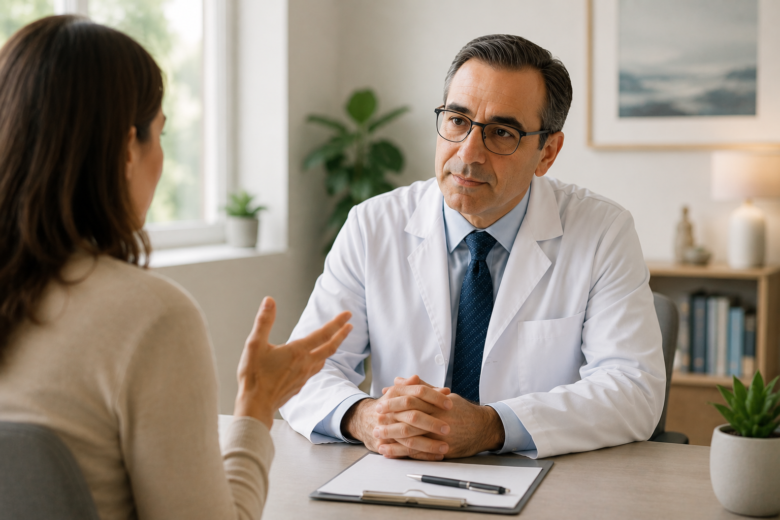 Consultant rheumatologist in a white coat discussing treatment options with a patient