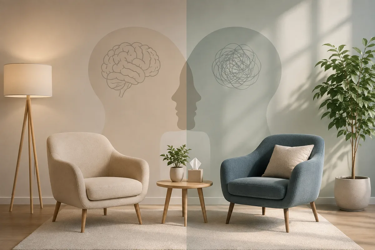Therapy room showing two chairs representing psychiatry and psychology, with a brain illustration and tangled thought patterns on the wall