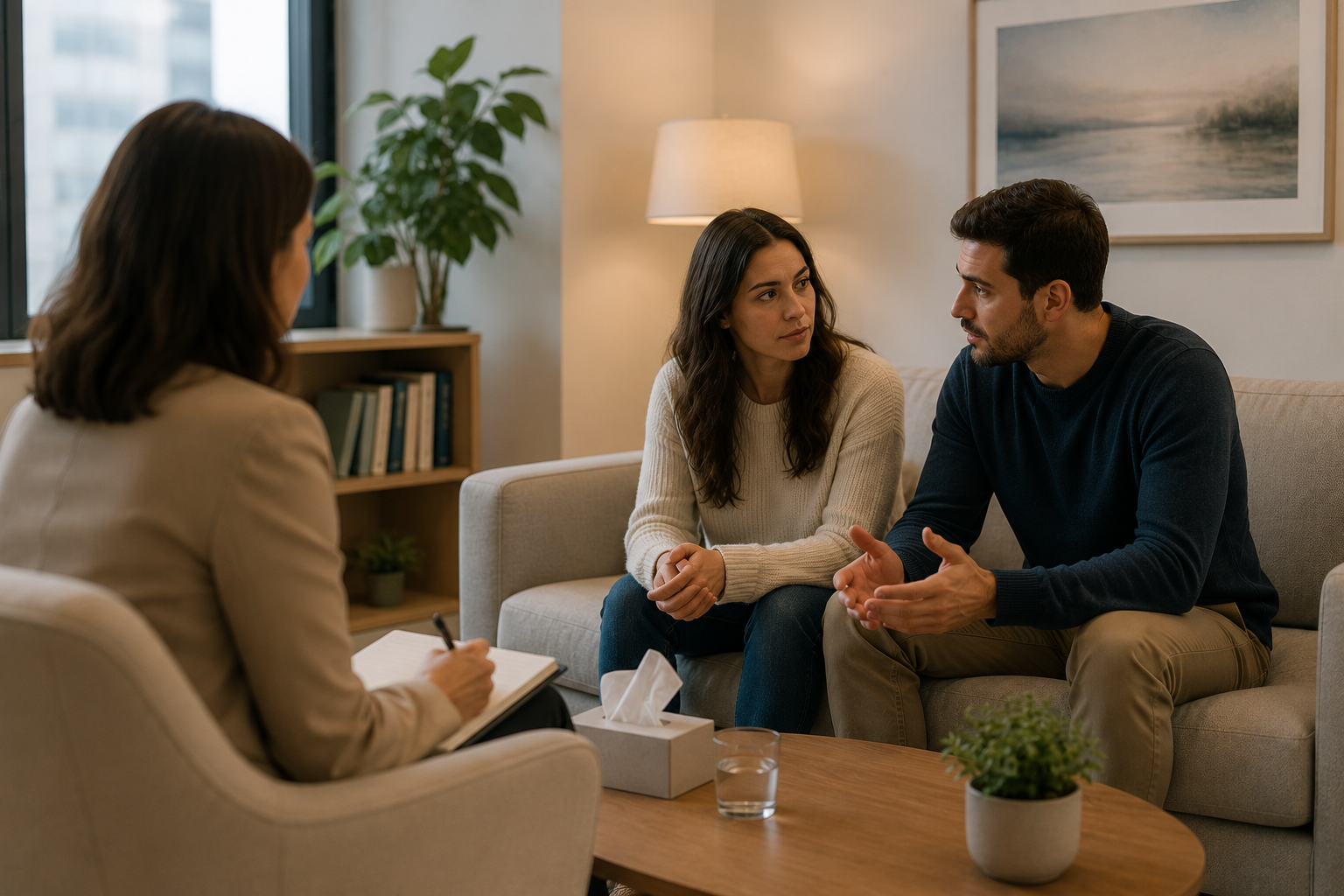 A couple in a warm consultation room speaking with a counsellor during a couples therapy session in Dubai