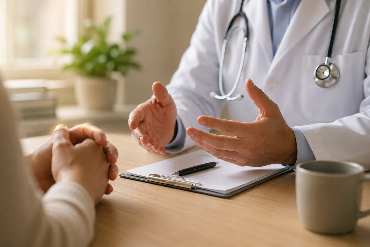 A doctor in a white coat speaking with a patient across a desk, hands mid-gesture in explanation
