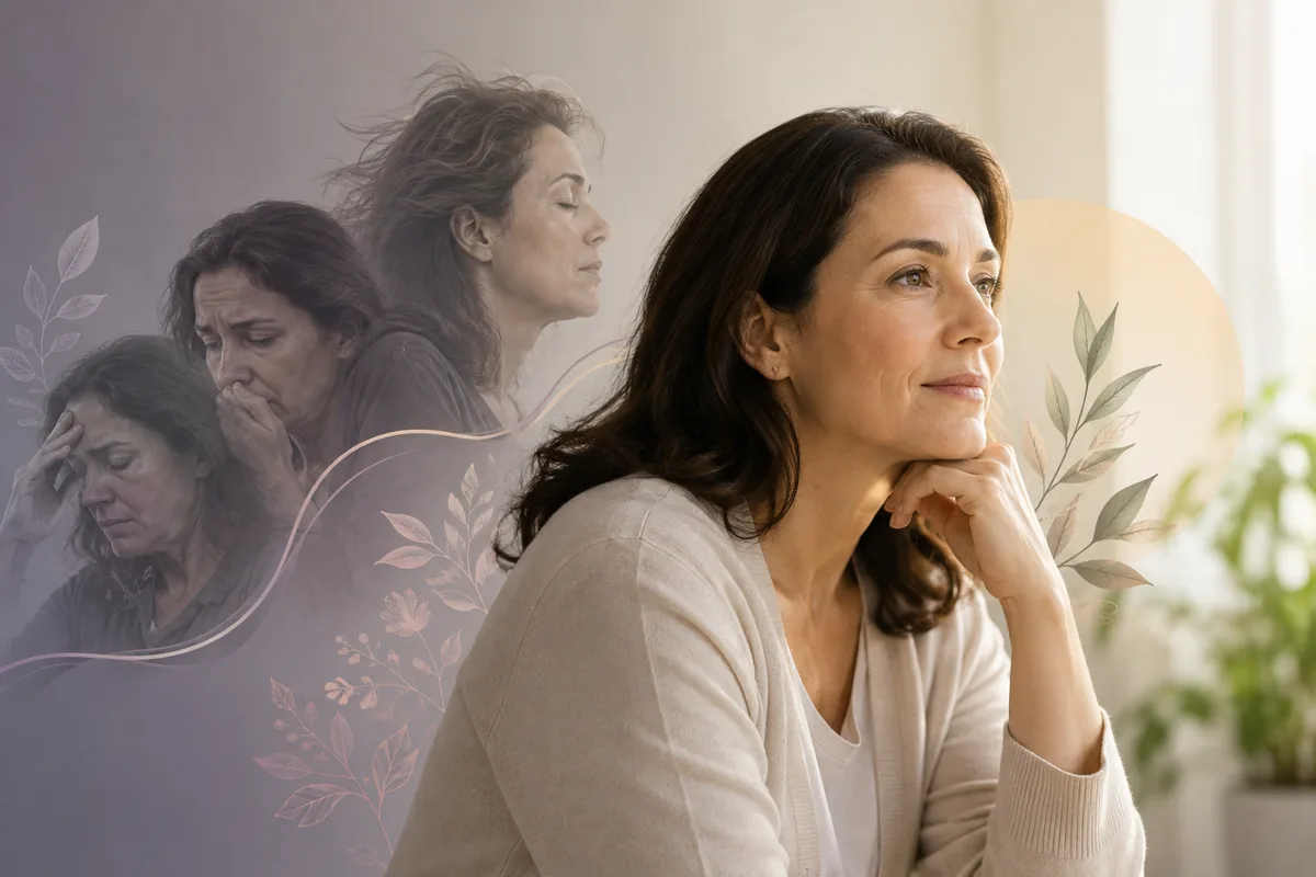 Woman in her forties looking calm and reflective, with faded images behind her showing earlier moments of distress and low mood