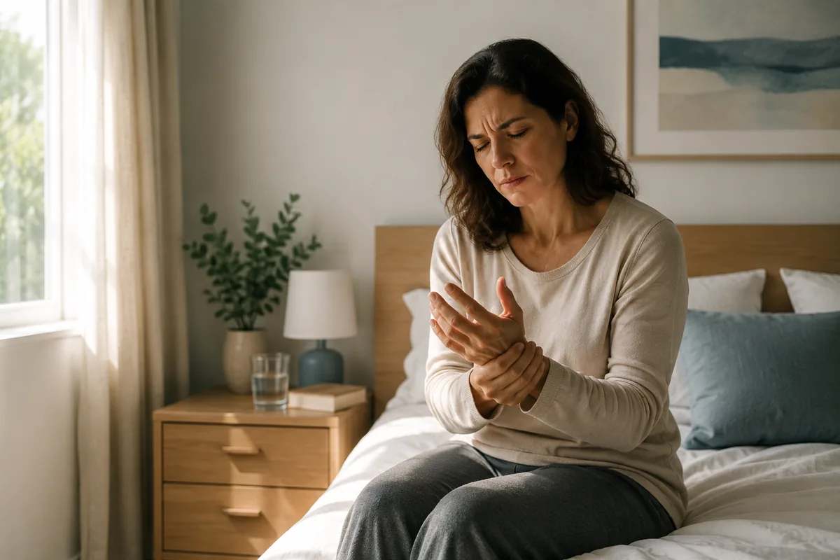 Woman sitting on the edge of her bed in the morning holding a stiff, painful wrist