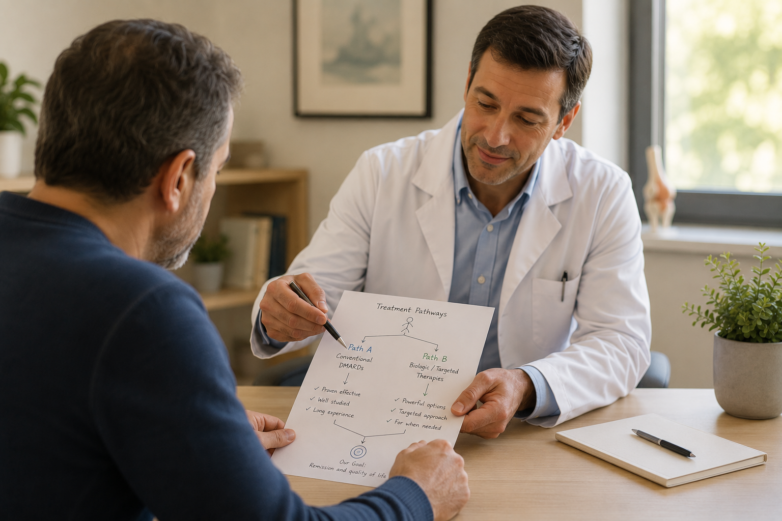 A rheumatologist explaining a hand-drawn treatment pathways diagram comparing conventional DMARDs and biologic therapies to a male patient