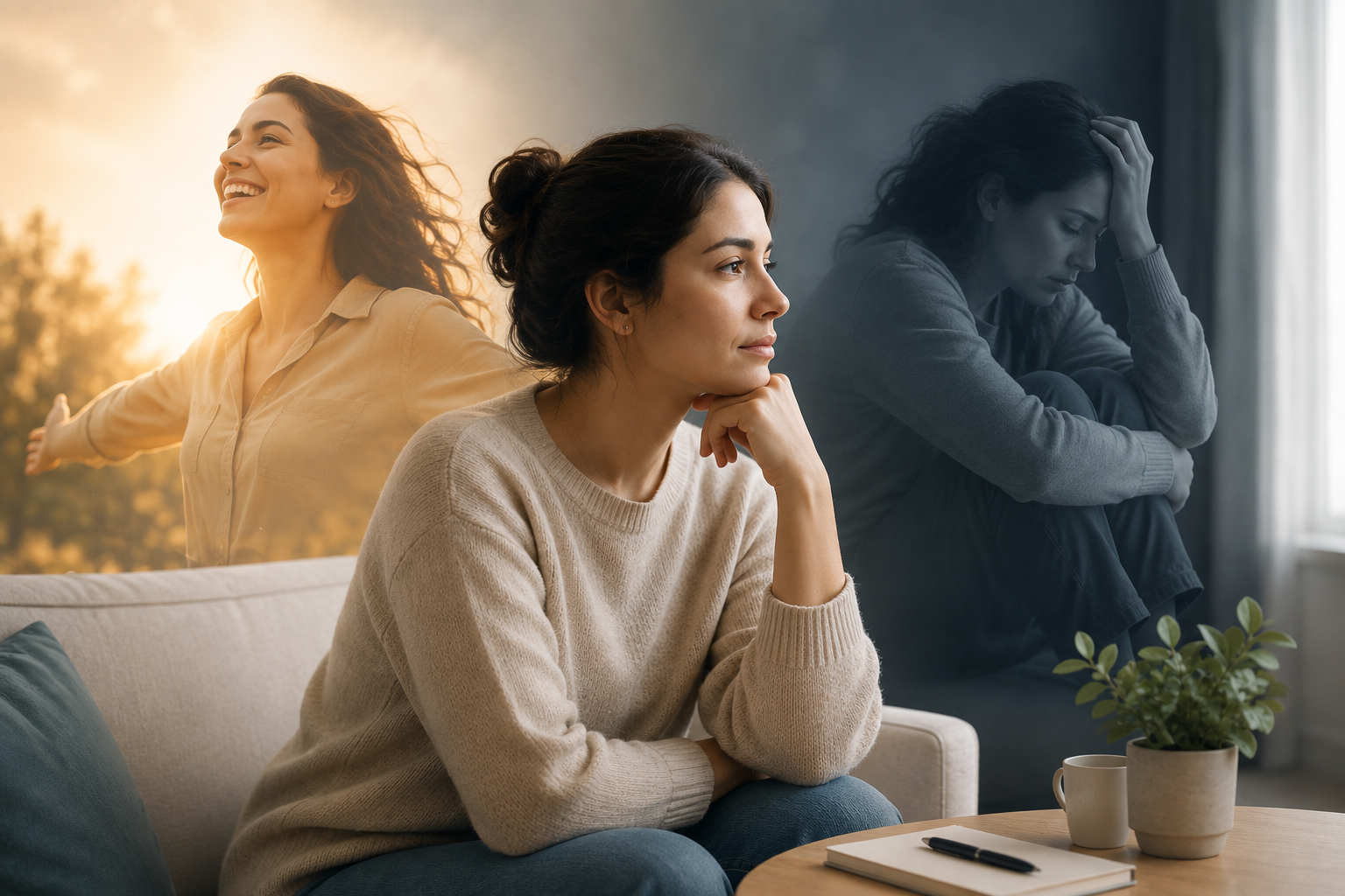 A woman sitting thoughtfully on a sofa, with faded images behind her showing both an elated mood and a low, withdrawn mood