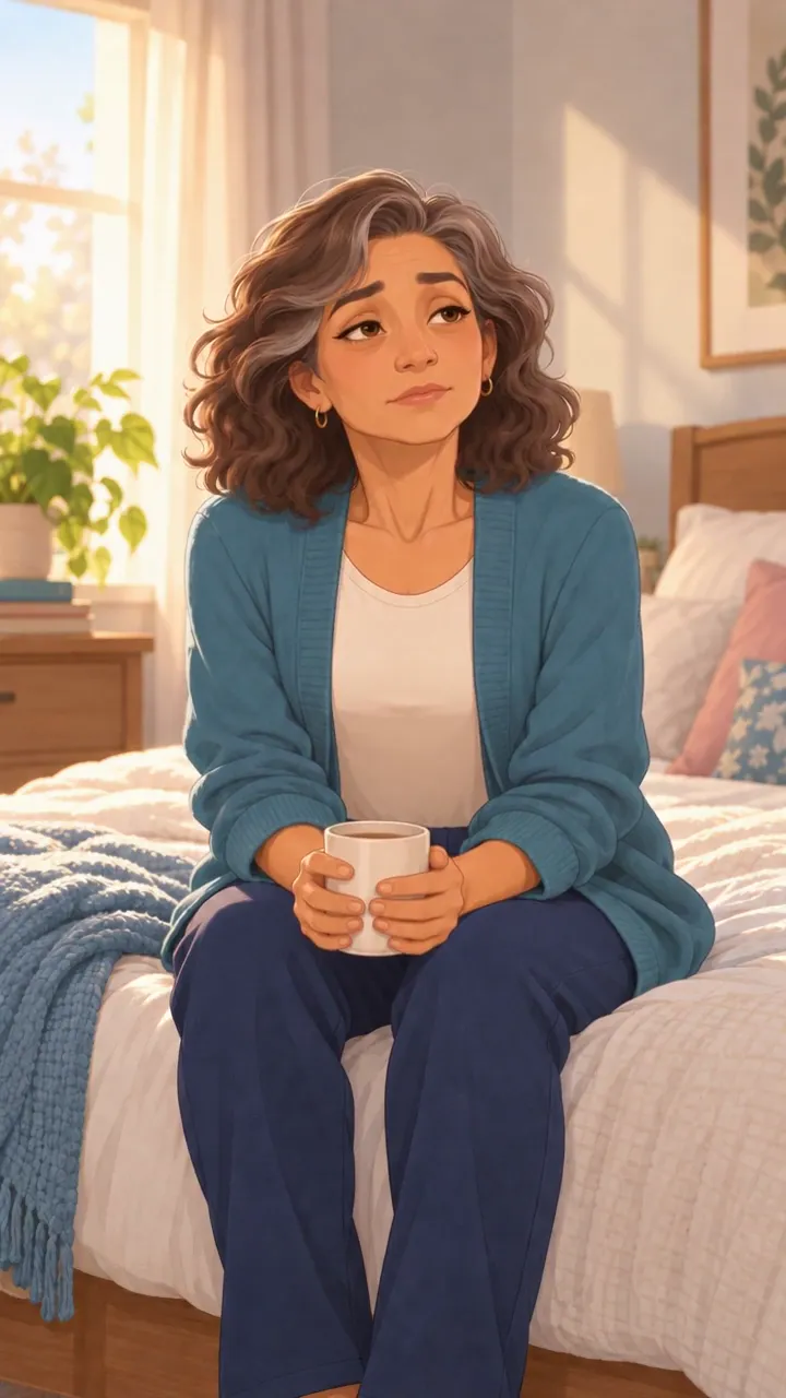 Illustration of a tired woman sitting on her bed holding a mug