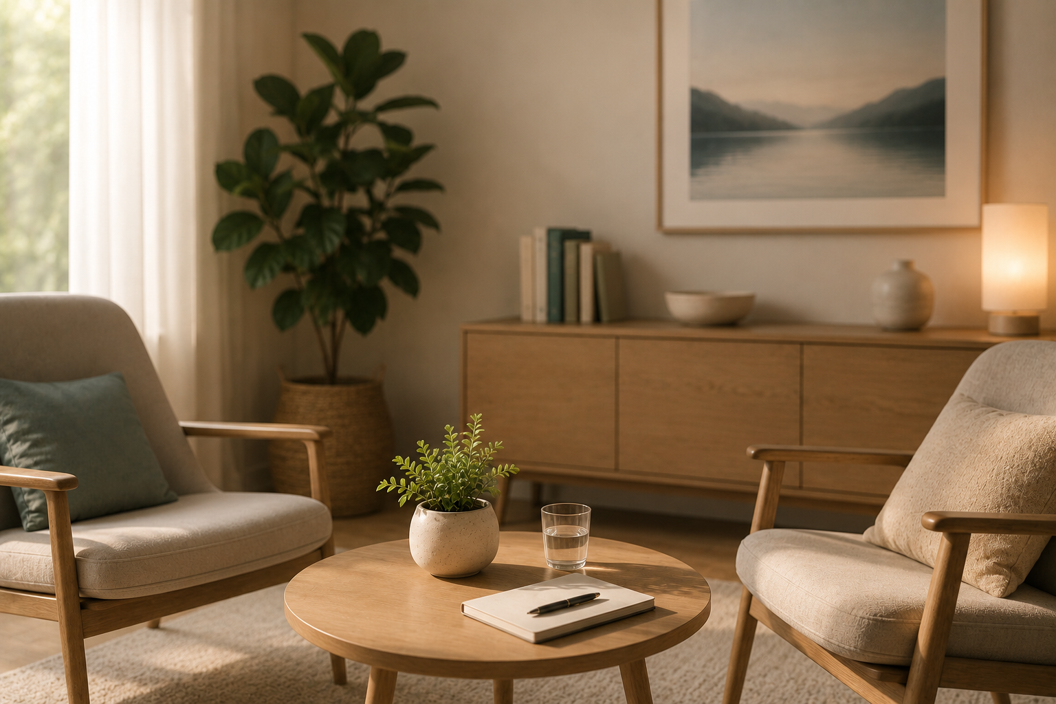 A quiet counselling room with two armchairs, a small round table with a notebook and pen, soft daylight and a calming lakeside painting