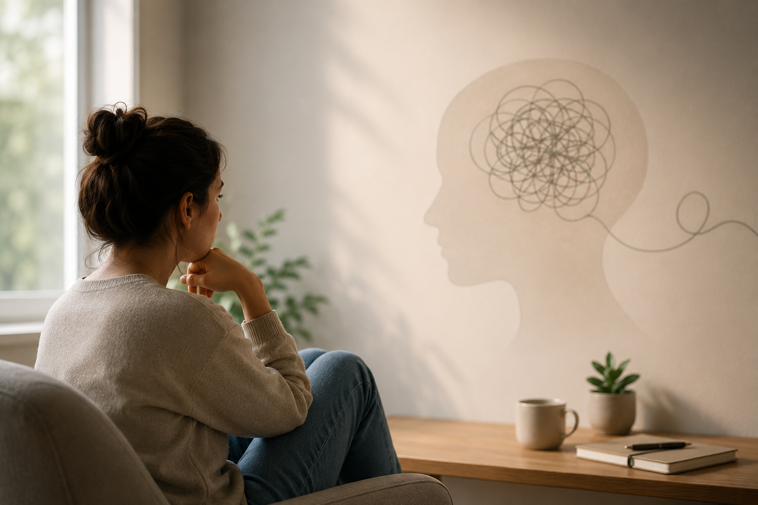 A woman sitting thoughtfully in a quiet room, looking at a large wall outline of a human head filled with tangled lines representing intrusive thoughts