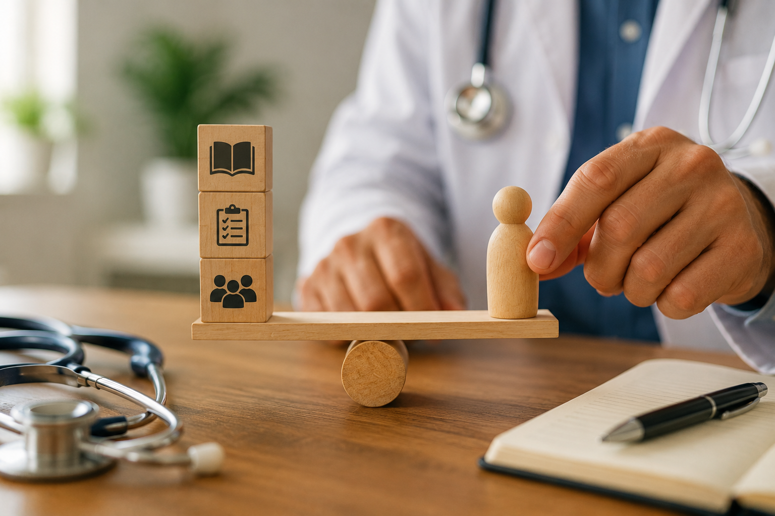 A doctor balancing wooden blocks representing guidelines, checklists and patients on a small wooden scale