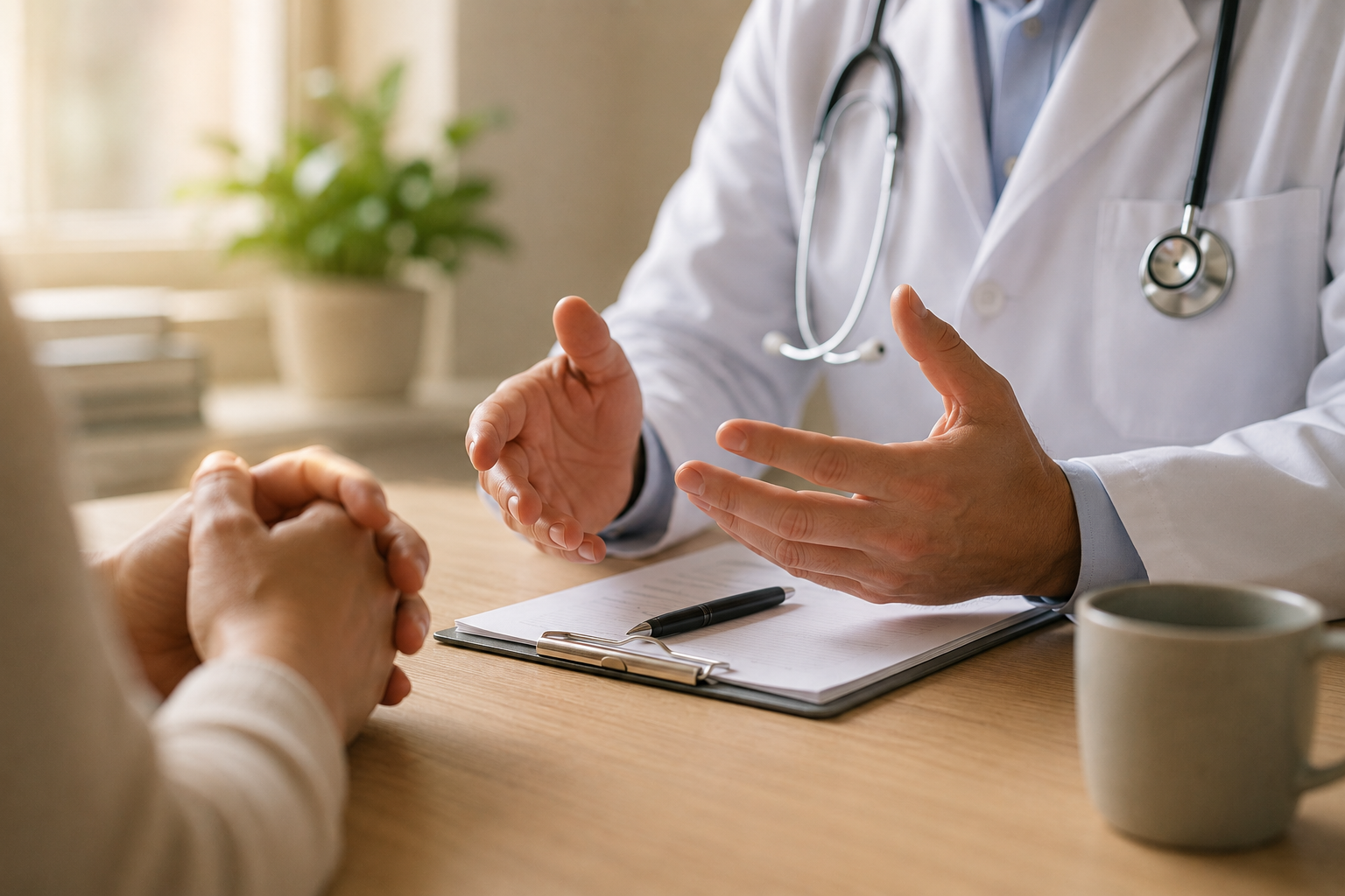 A doctor in a white coat speaking with a patient across a desk, hands mid-gesture in explanation