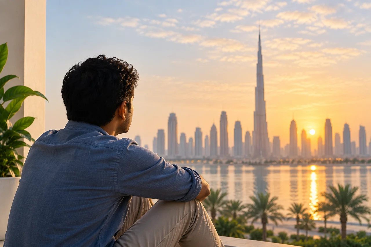 Indian man reflecting while overlooking the Dubai skyline