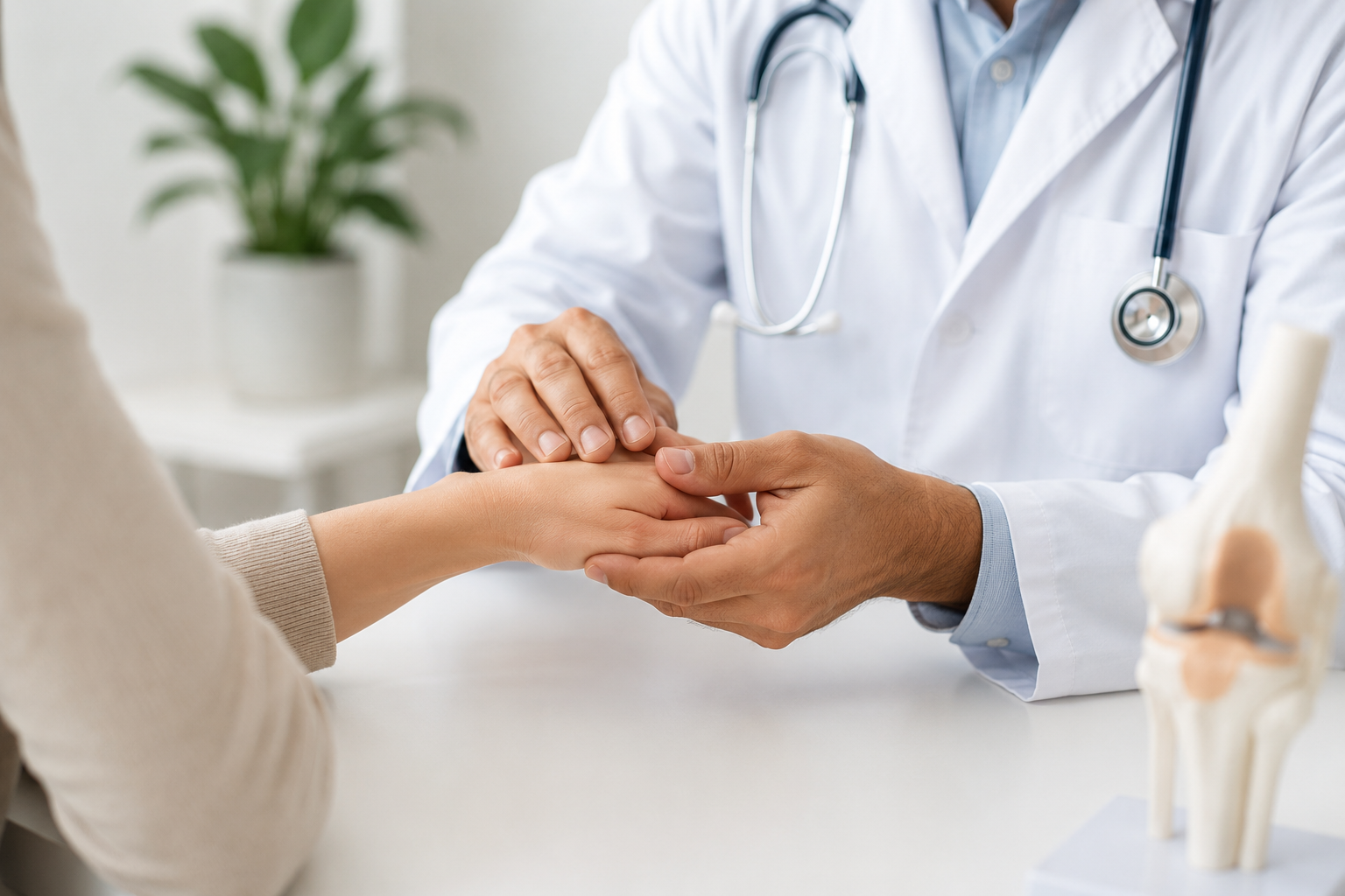 Consultant rheumatologist examining a patient's hand in a modern clinic in Dubai