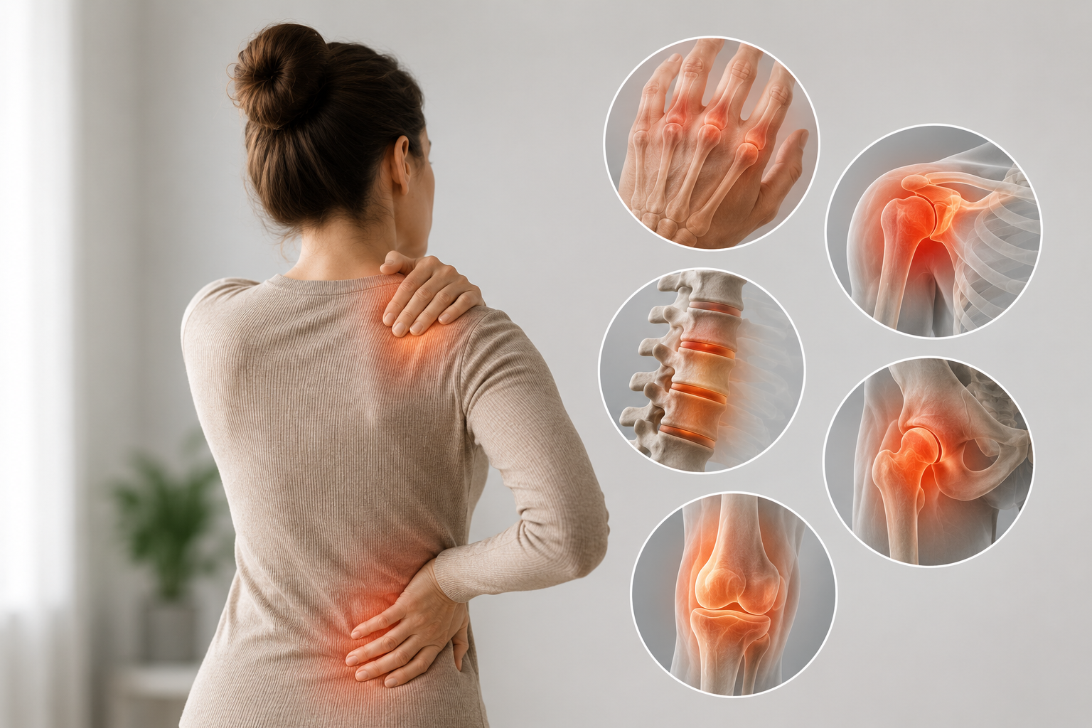 Woman with shoulder and back pain alongside anatomical overlays of hand, shoulder, spine, hip and knee joints