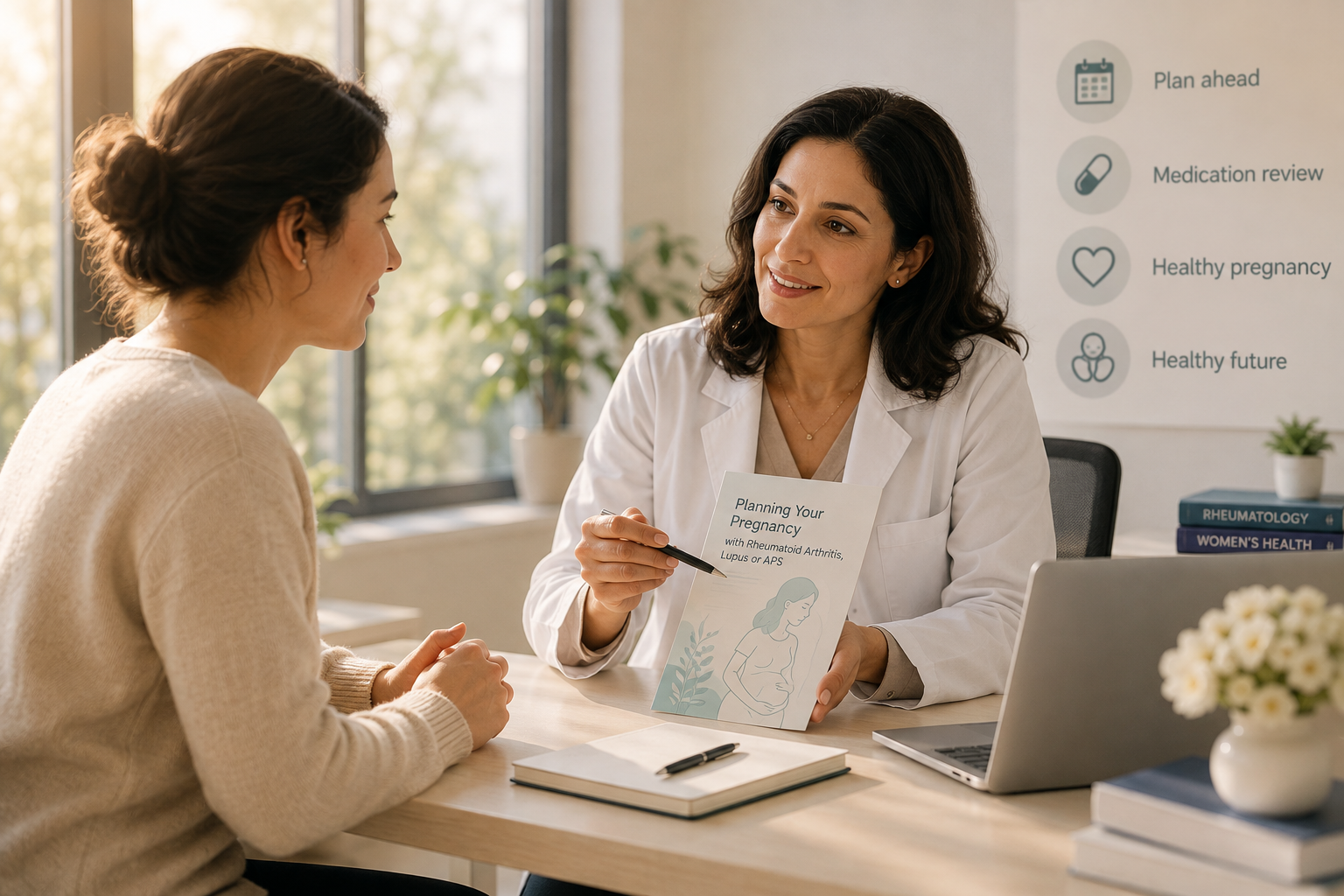A woman rheumatologist discussing a pregnancy planning guide for rheumatoid arthritis, lupus and APS with a female patient in a bright clinic room