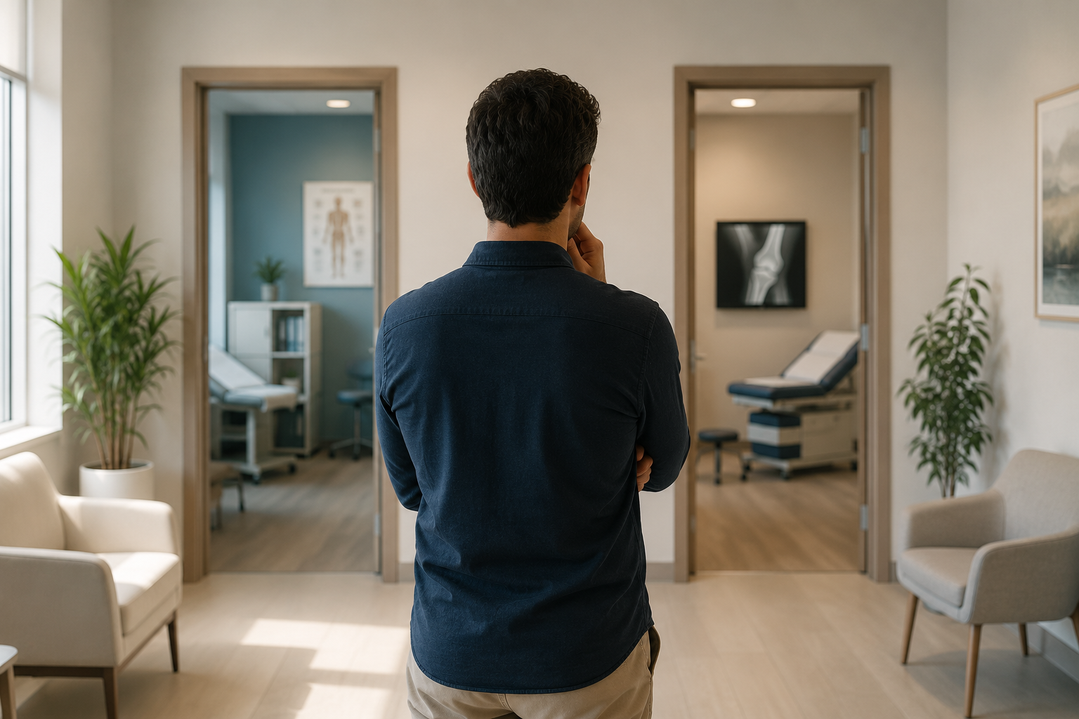 A patient standing in a clinic corridor between two consultation rooms, deciding which specialist to see