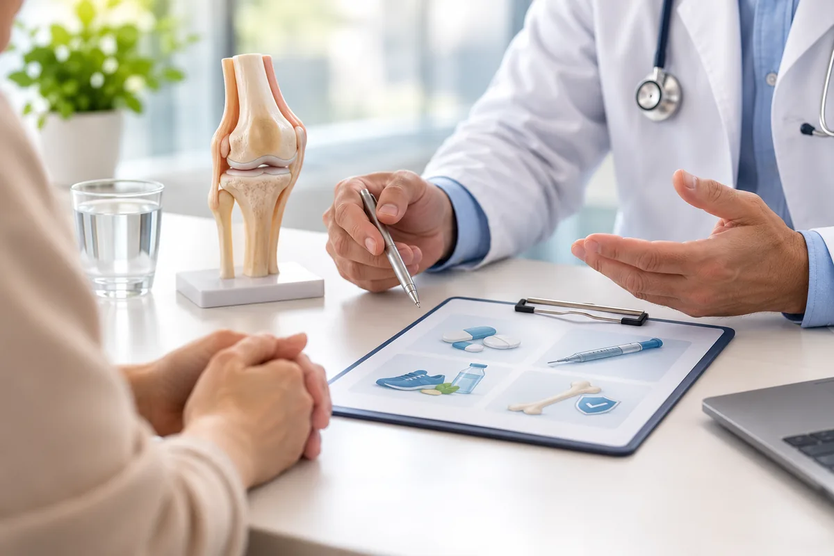 Rheumatologist explaining knee arthritis treatment options to a patient using an anatomical joint model