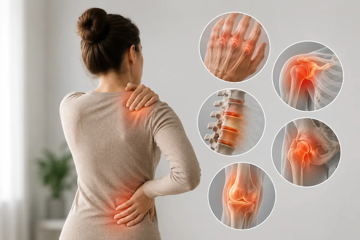 Woman with shoulder and back pain alongside anatomical overlays of hand, shoulder, spine, hip and knee joints