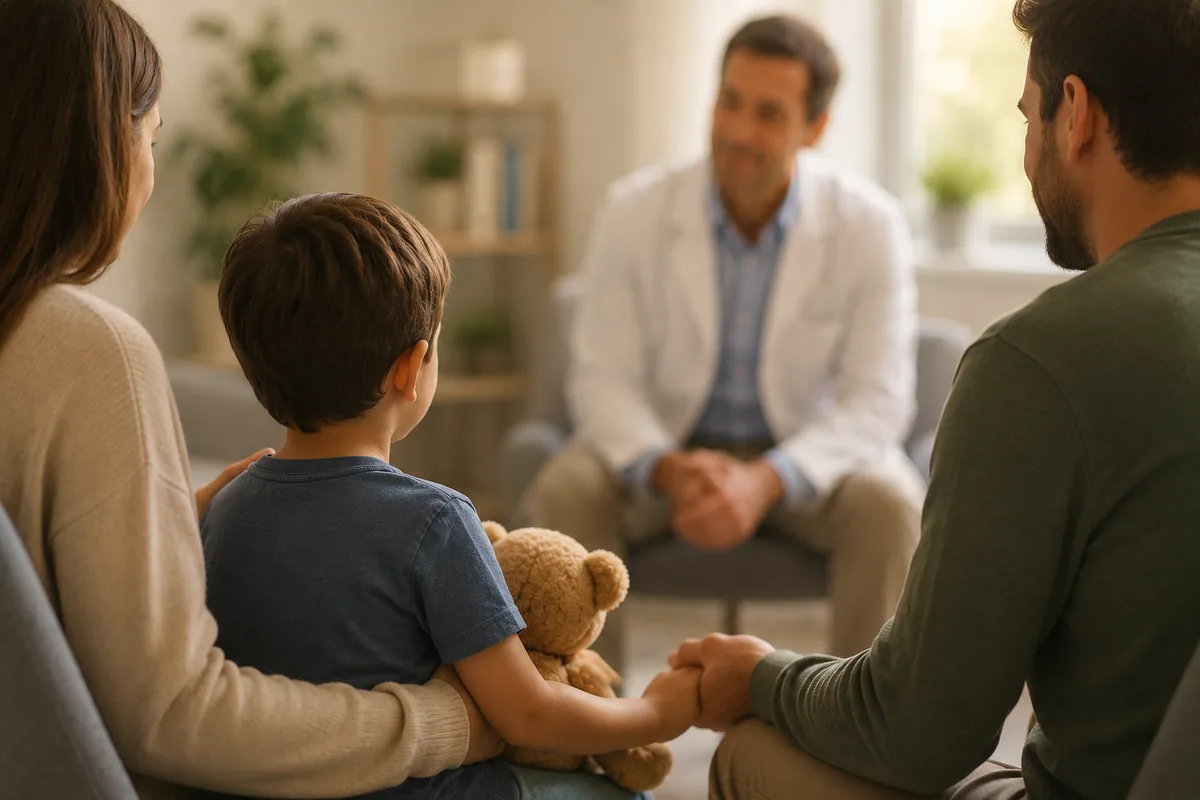 Parents sitting with their young son, who holds a teddy bear, during a consultation with a doctor in a bright clinic room