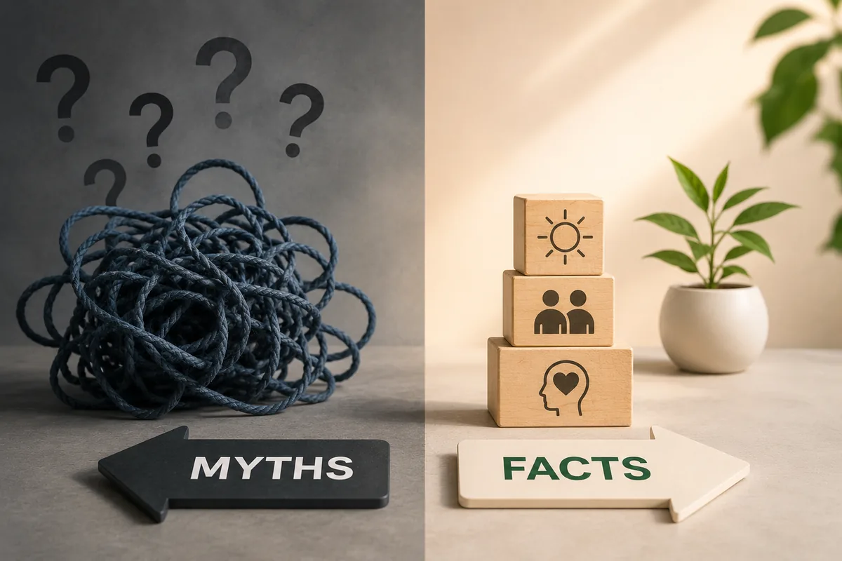 Split image contrasting myths with a tangled rope and question marks against facts with stacked wooden blocks showing sun, people and heart icons