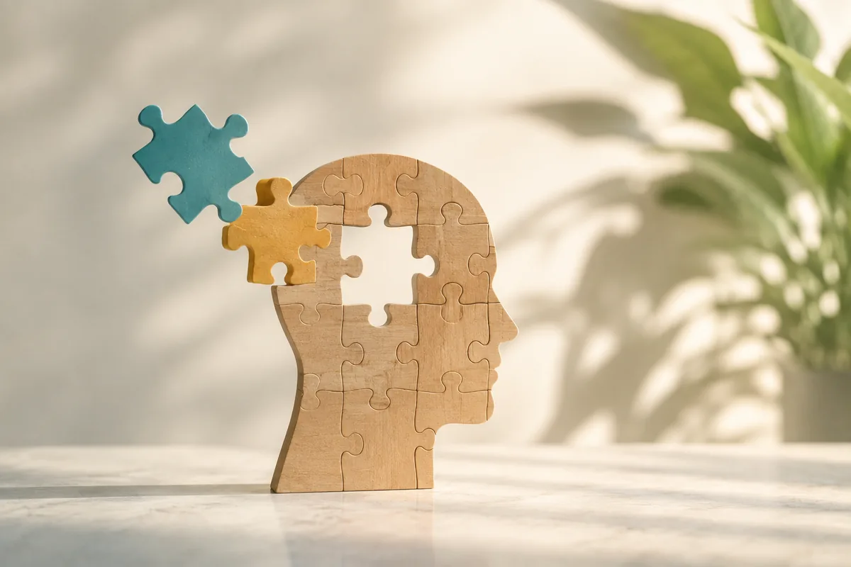 Wooden puzzle head with pieces representing neurodiversity, ADHD and autism spectrum differences