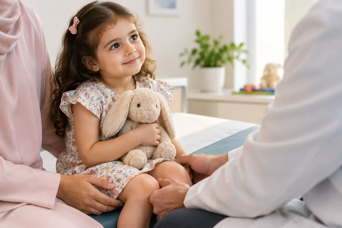 A young girl holding a soft bunny toy sits with her mother while a consultant rheumatologist gently examines her knee in a bright Dubai clinic
