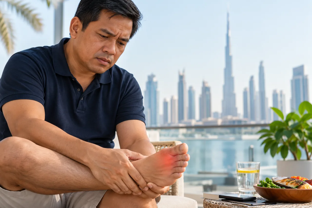 A man holding his foot because of gout pain, sitting outdoors with the Dubai skyline in the background