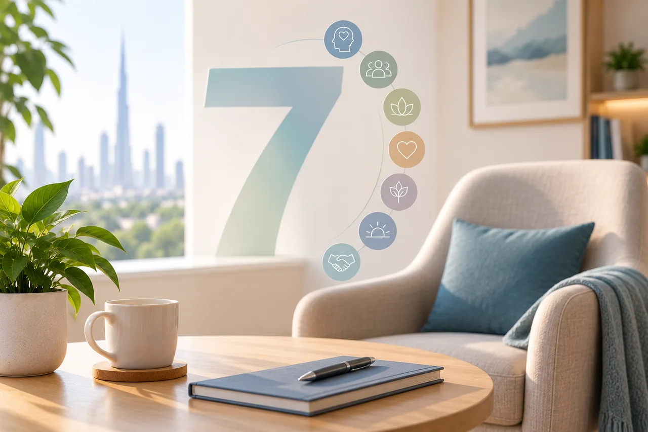 A calm, sunlit counselling room in Dubai with a comfortable armchair, notebook and view of the city skyline