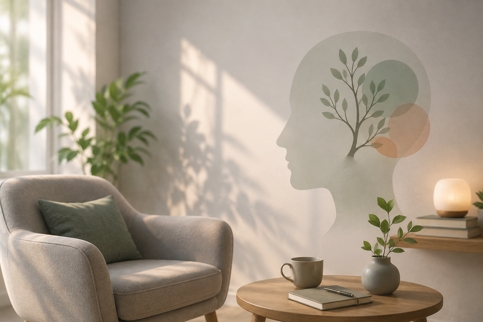 Calm therapy room with natural light, a soft armchair and a wall illustration of a head with a growing tree, symbolising mental wellbeing and growth
