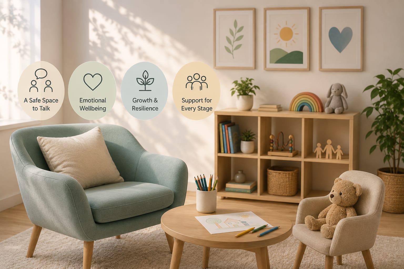 Warm, child-friendly counselling room at Health Call Clinic Dubai with comfortable seating, toys, and creative materials