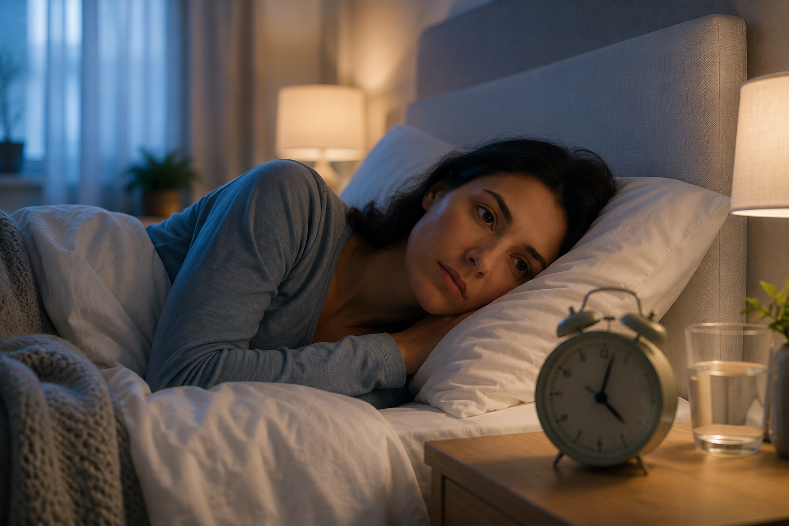 Woman lying awake in bed at night beside an alarm clock, unable to sleep
