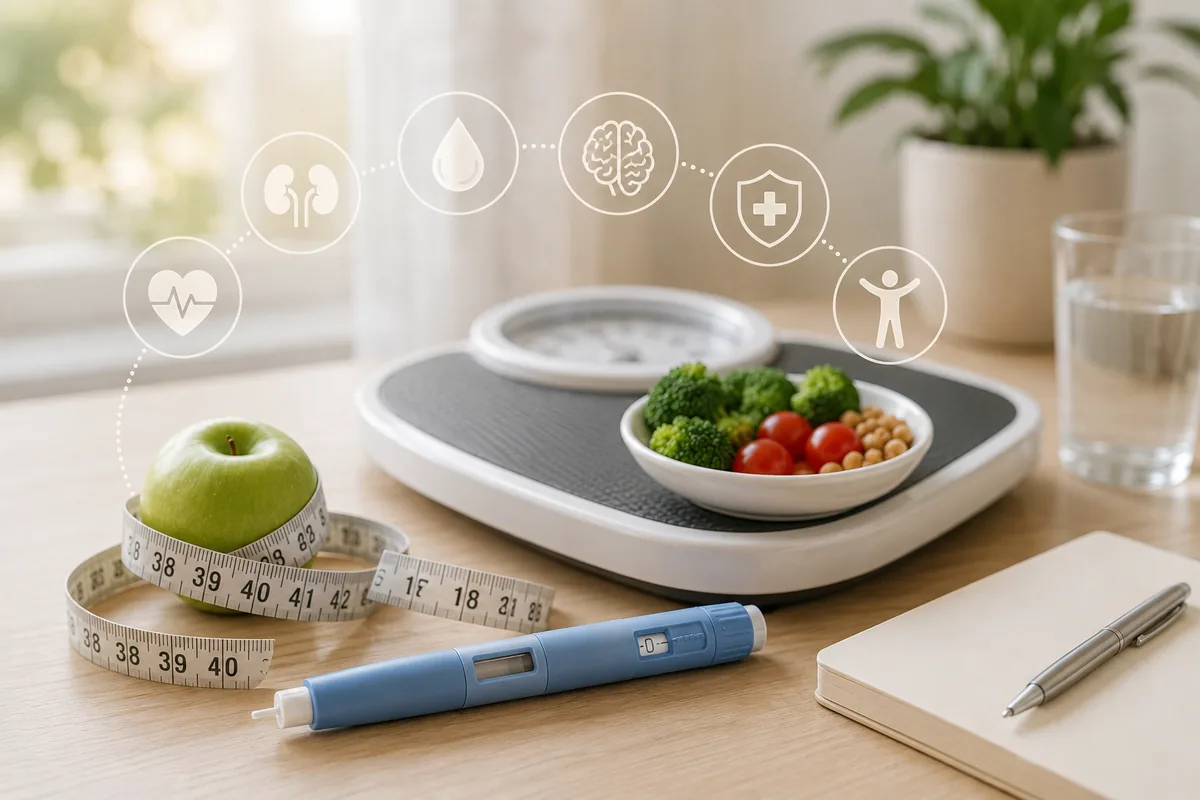GLP-1 injection pen on a desk with a weight scale, healthy food, tape measure and icons for heart, kidney, brain and immune health