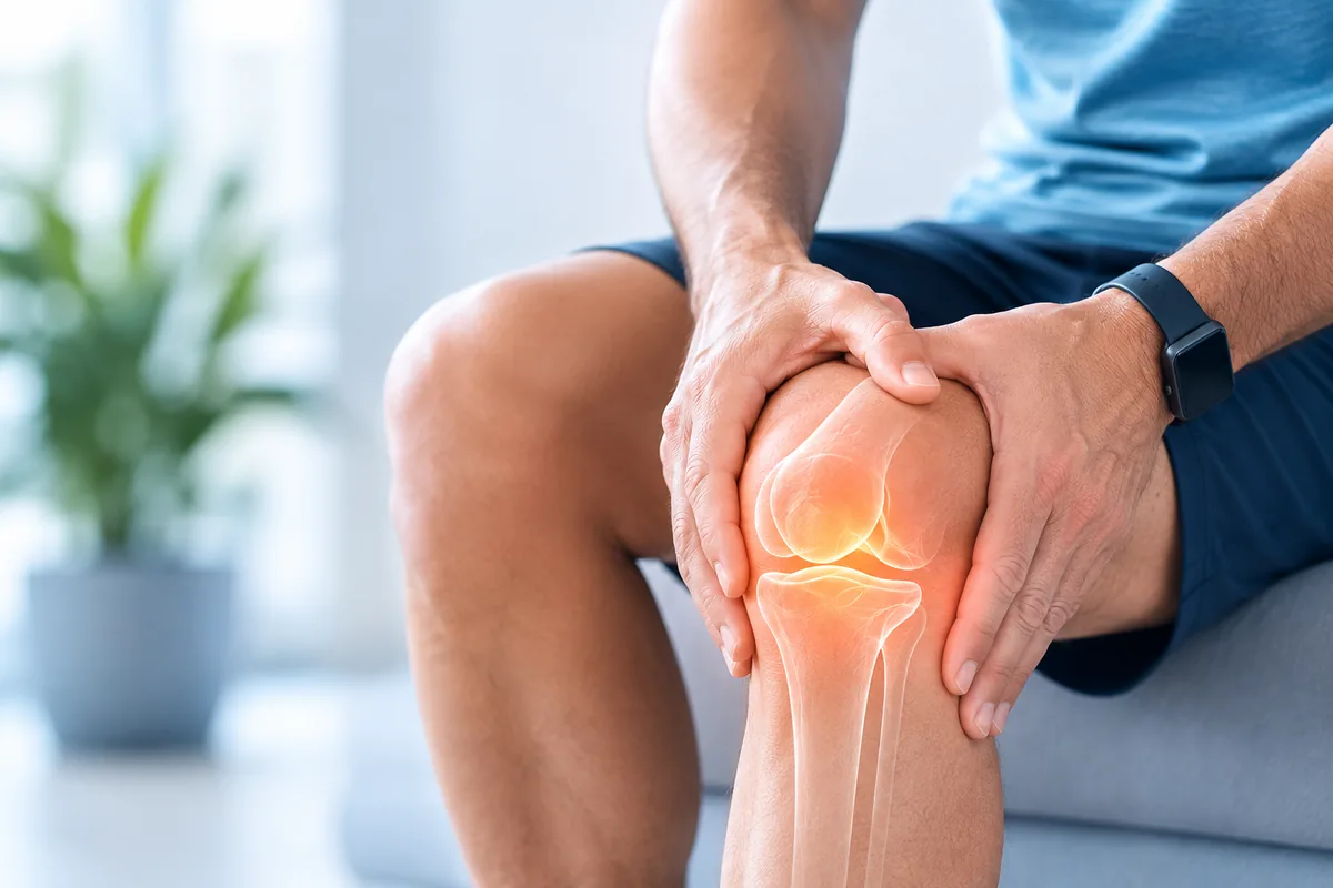 Man holding a painful knee with an anatomical overlay showing osteoarthritis inflammation