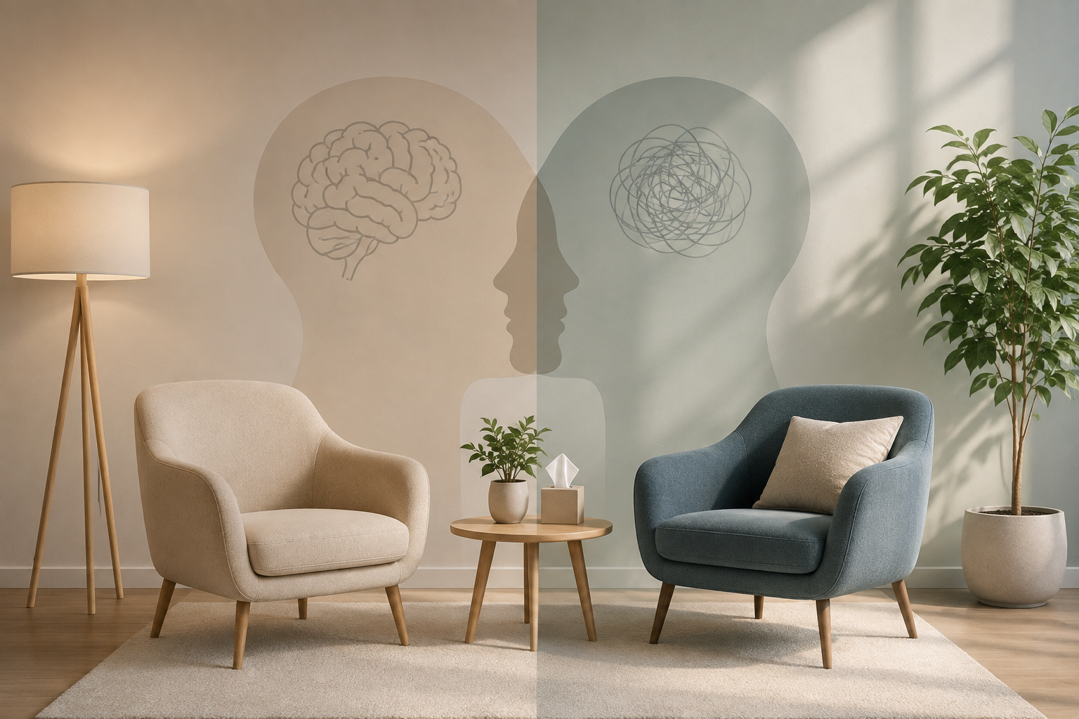 Therapy room showing two chairs representing psychiatry and psychology, with a brain illustration and tangled thought patterns on the wall