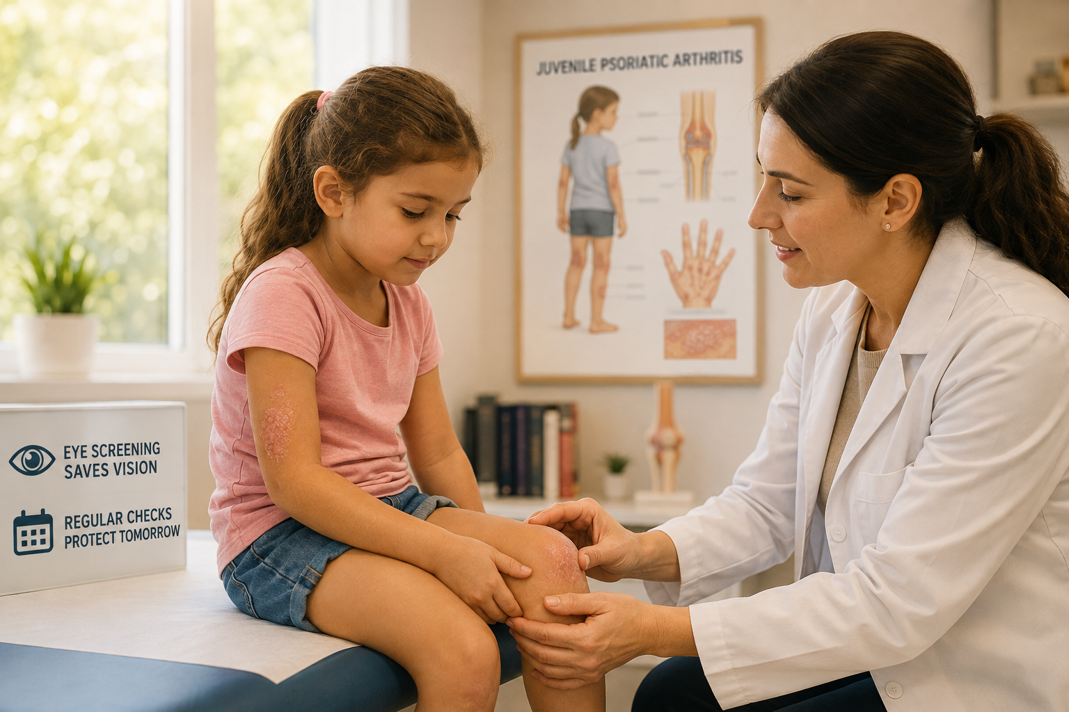 A rheumatologist examining the swollen knee of a young girl with psoriasis patches in a bright clinic room