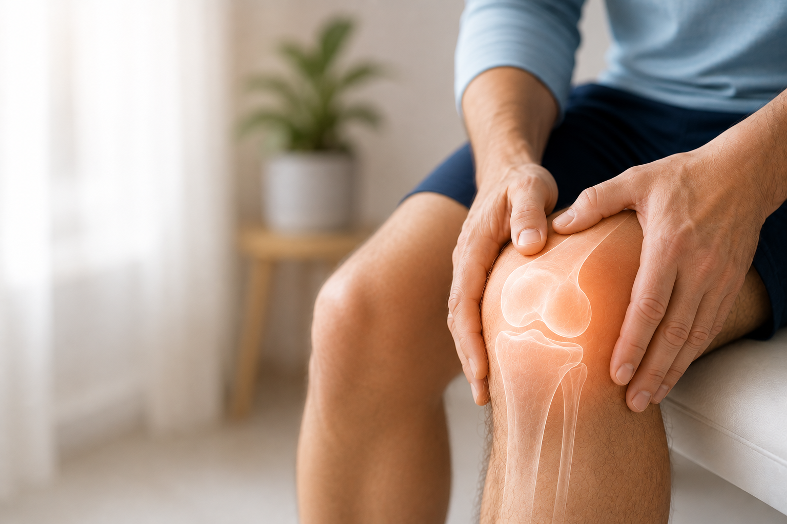 Man seated holding his knee, with an illustrated overlay highlighting inflammation in the knee joint