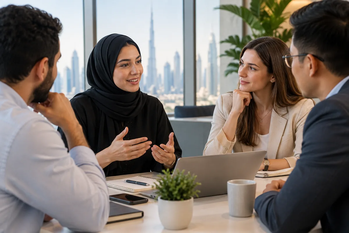 A professional woman in hijab speaks thoughtfully in a Dubai office meeting with colleagues and the city skyline visible through the windows