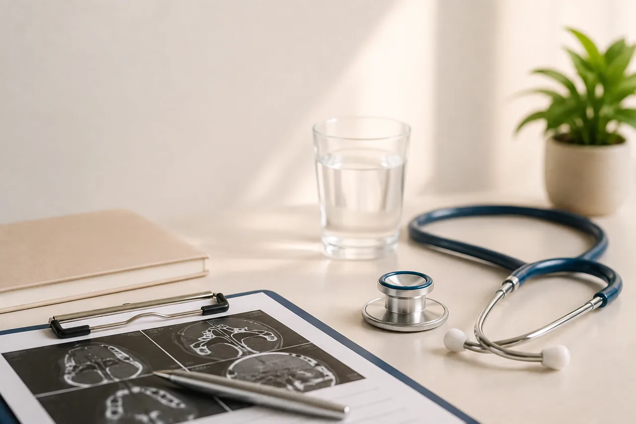 Medical desk with stethoscope, diagnostic brain scan imaging and clipboard in a clinical setting