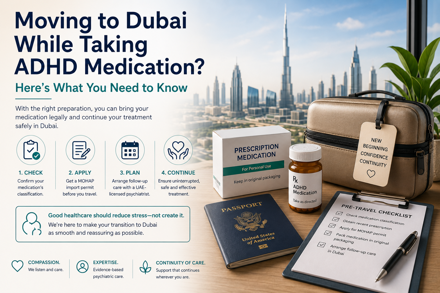 Pre-travel checklist, passport, prescription ADHD medication and travel case with the Dubai skyline in the background