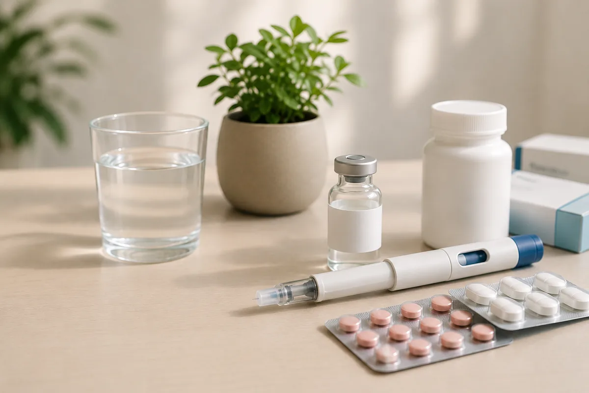 Biologic medications for rheumatoid arthritis: injection pen, tablets, and vial on a clinic table