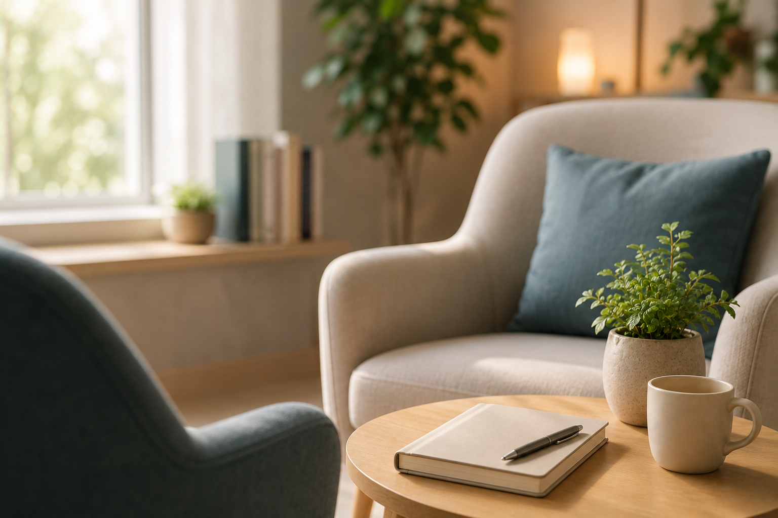 A quiet, welcoming therapy room with two armchairs, a soft cushion, notebook and warm daylight through the window