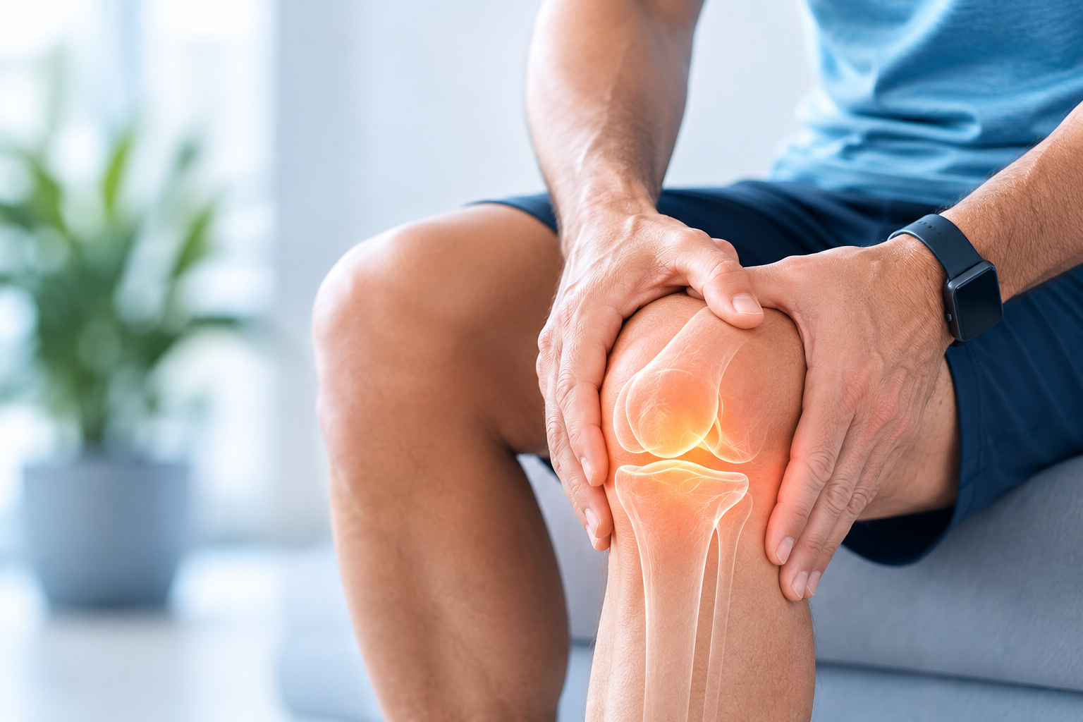 Man holding a painful knee with an anatomical overlay showing osteoarthritis inflammation