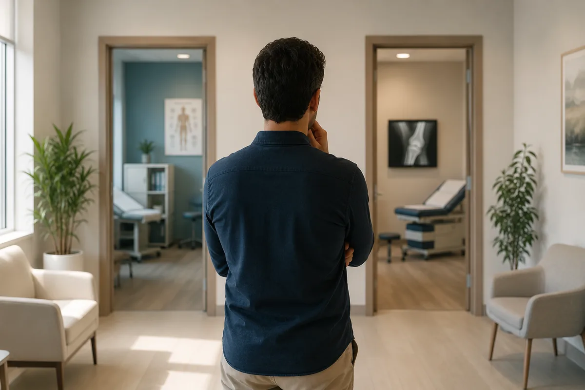 A patient standing in a clinic corridor between two consultation rooms, deciding whether to see a rheumatologist or an orthopaedic surgeon