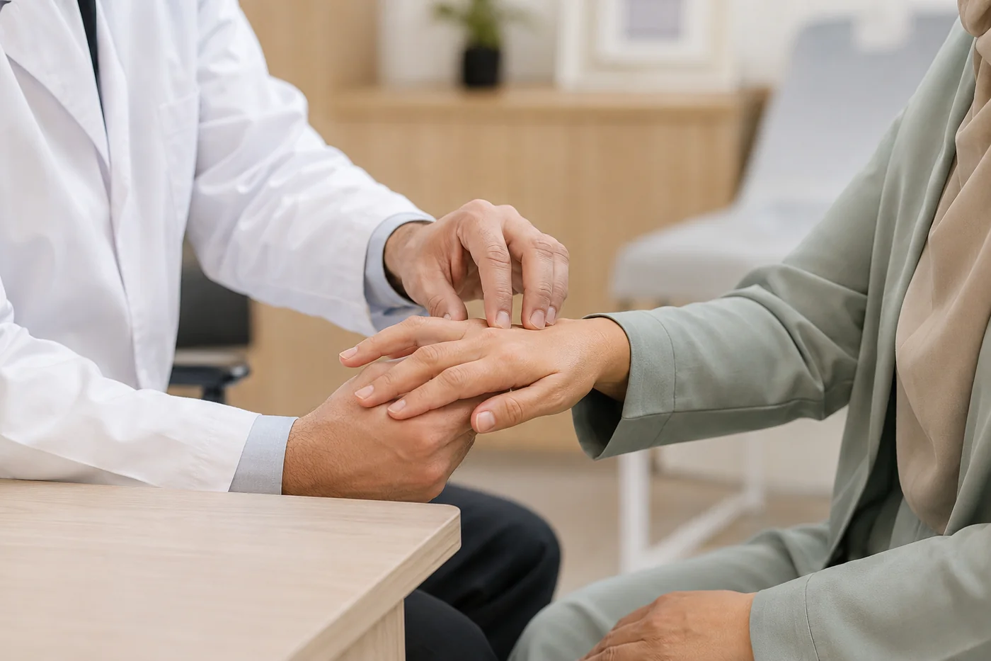 Consultant rheumatologist examining a patient’s hand for arthritis in Dubai