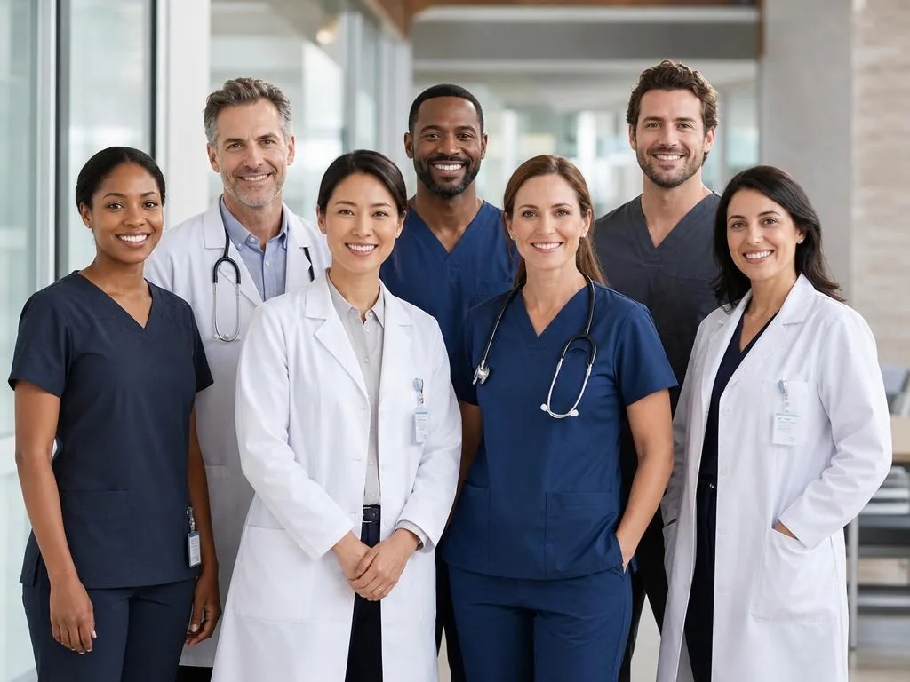 A diverse team of doctors and healthcare professionals standing together in a modern clinic