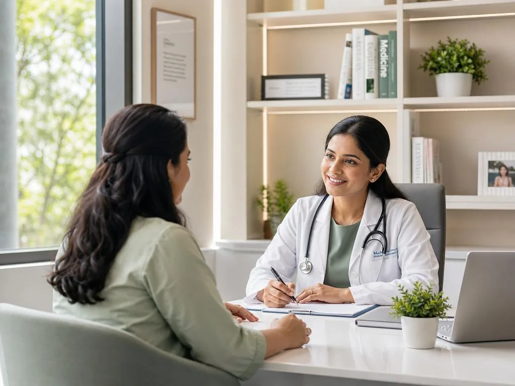 A doctor having a caring consultation with a patient in a bright modern clinic room