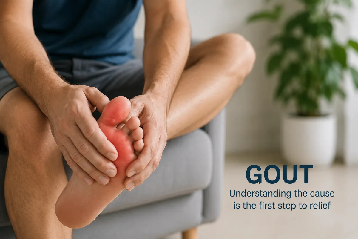 Close-up of an inflamed, swollen big toe joint typical of an acute gout attack, next to a blister pack of tablets on a clinical exam table