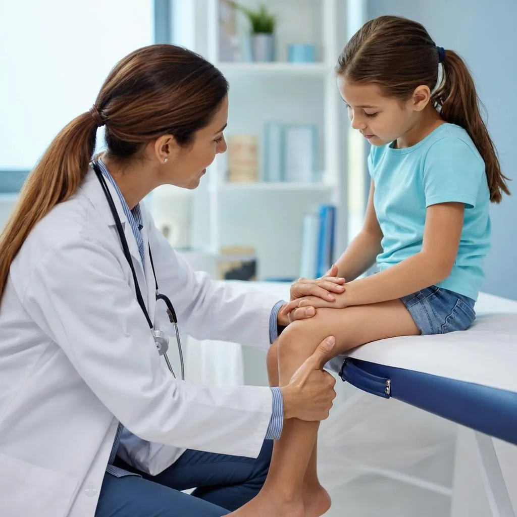 Pediatric rheumatologist examining a young child's hand
