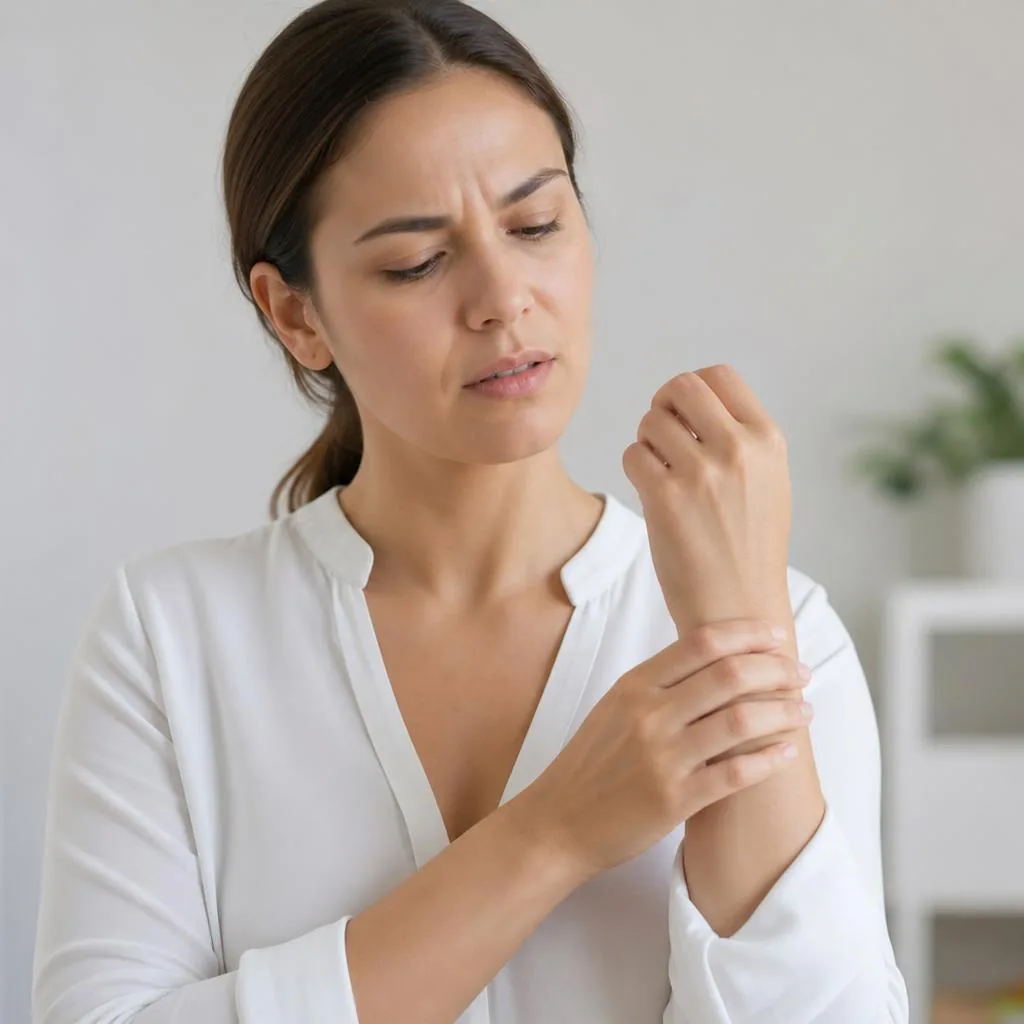 Woman holding one hand and rubbing her knee, showing the overlapping joint pain seen in lupus, rheumatoid arthritis and fibromyalgia