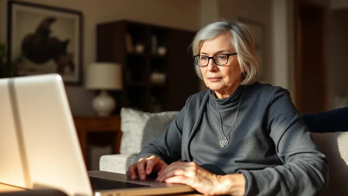 Woman speaking with a consultant psychiatrist on a laptop video call from her home in Dubai
