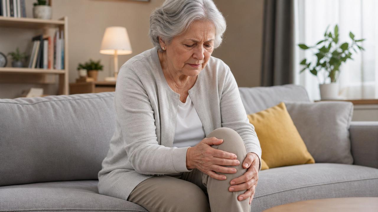 Older woman with osteoarthritis knee pain at home